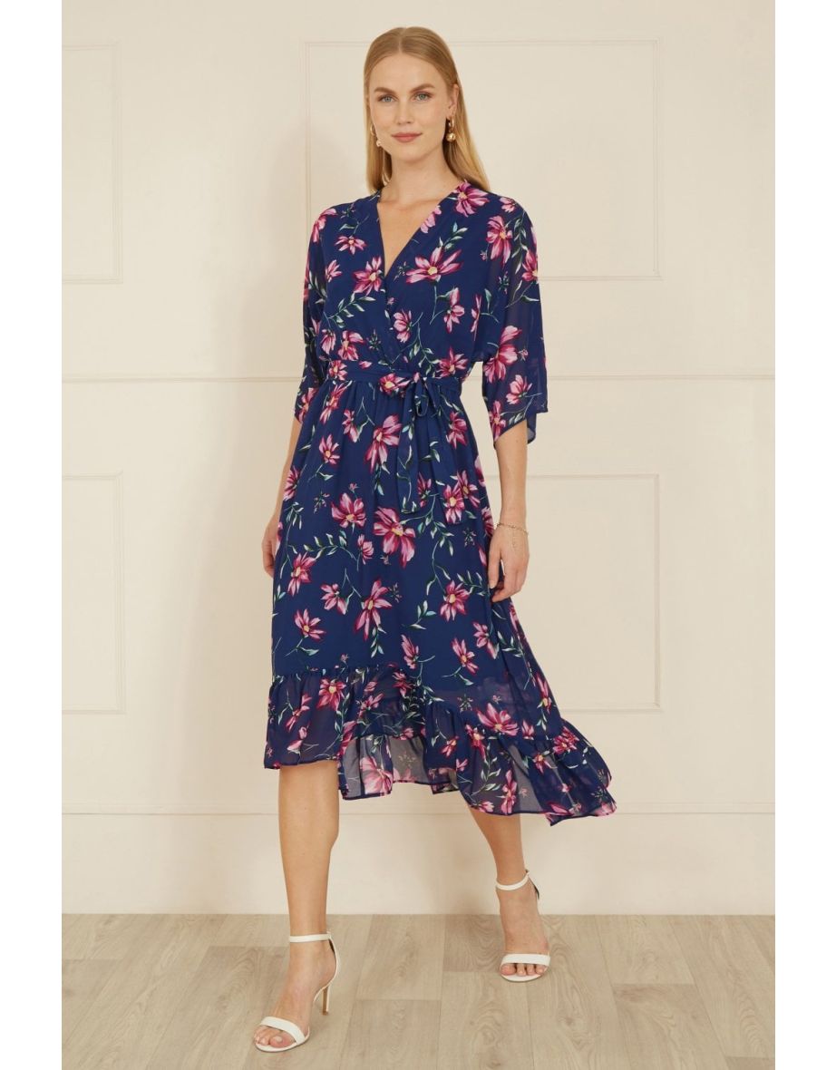 Yumi Navy Floral Kimono Dipped Hem Dress