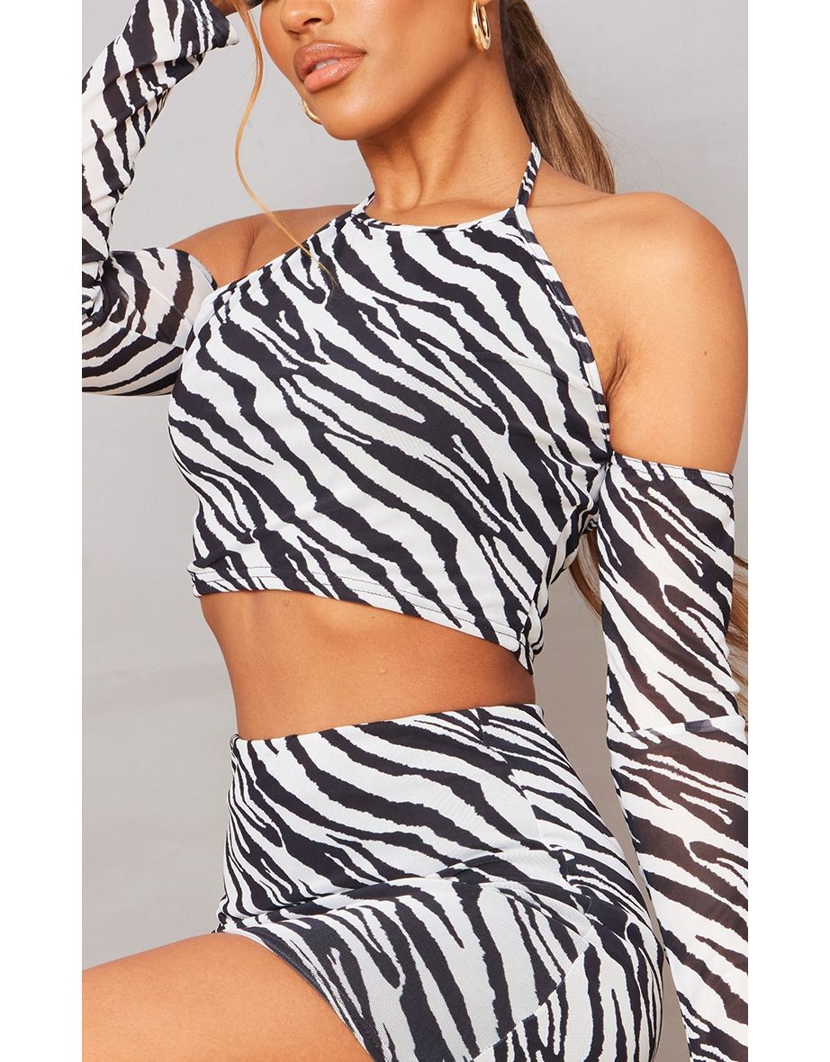 Black Zebra Print Mesh Cut Out Crop Top - 4
