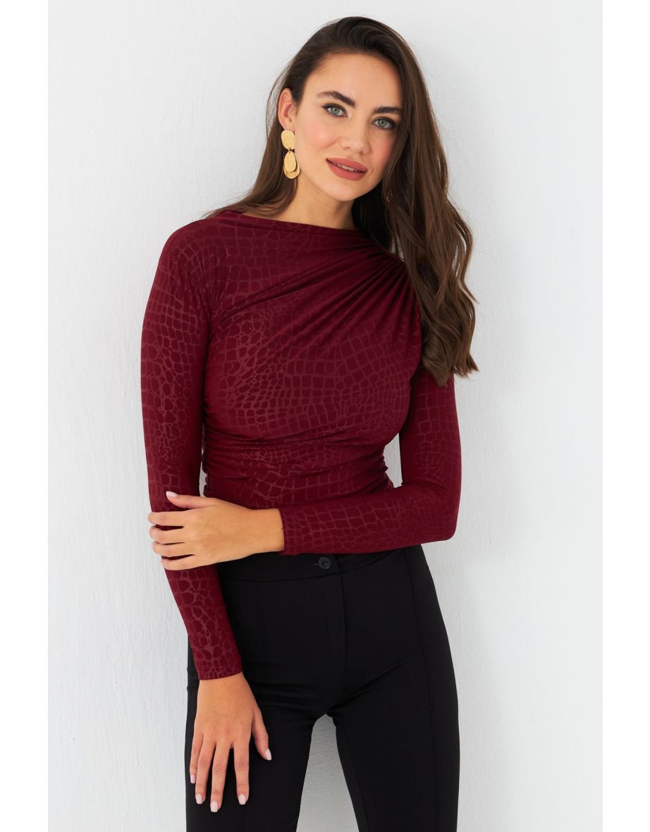 Women's Burgundy Patterned Drawstring Top