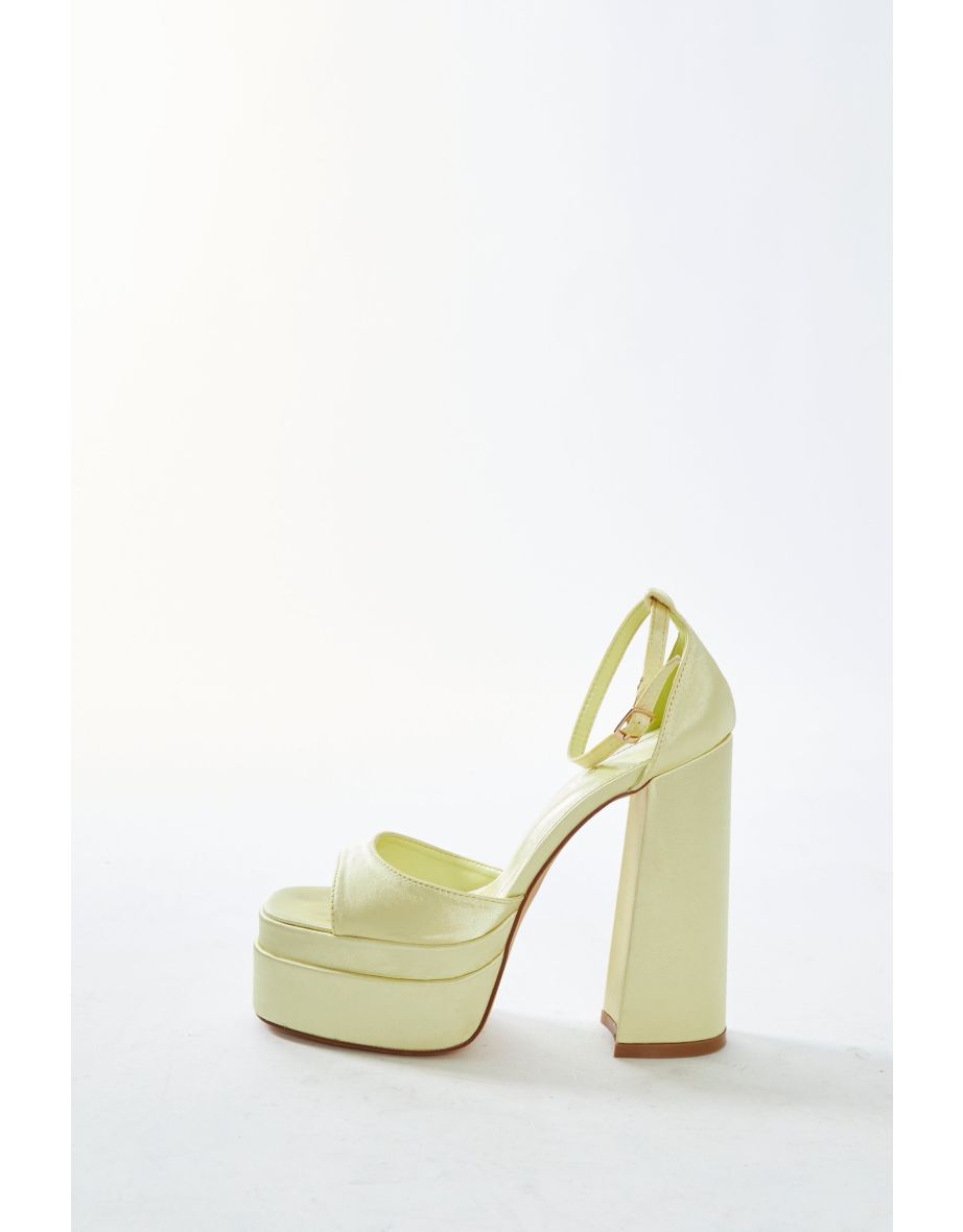 Glamorous Lemon Satin Open Toe Platform Heels - 3