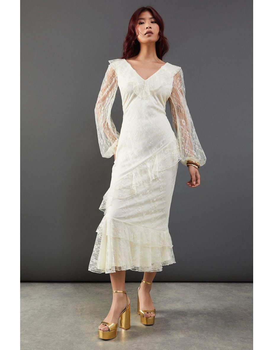 Lace V Neck Ruffle Dress