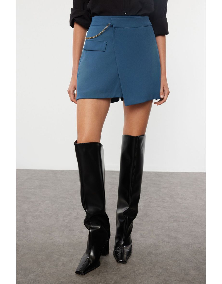 Indigo Chained Double Breasted Woven Shorts Skirt - 6