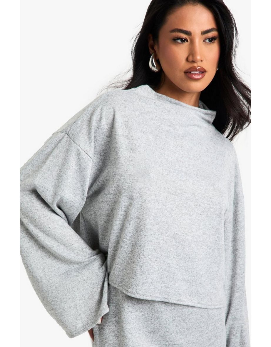 Brushed Melange High Neck Long Sleeve Top - grey marl - 3