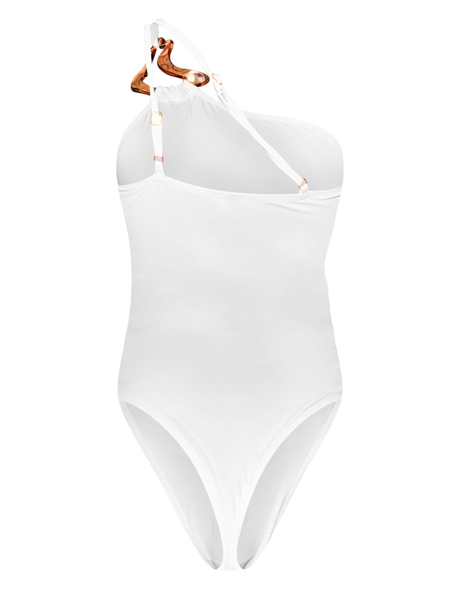 White Gold Trim Asymmetric Swimsuit - 4