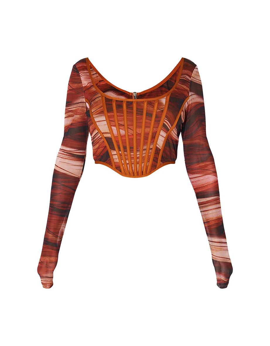 Orange  Absract Printed Mesh Binding Detail Long Sleeve Corset - 4