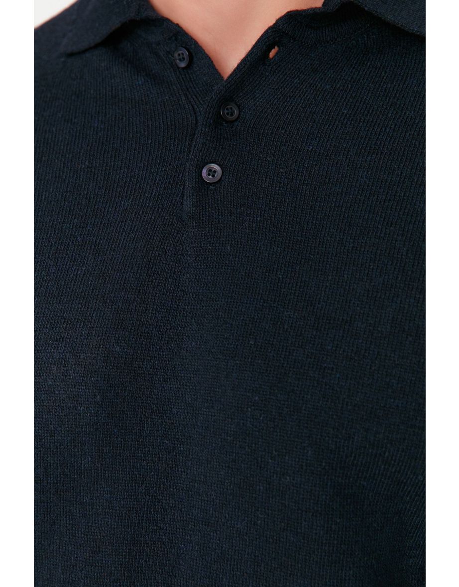 Navy Blue Slim Fit Polo Neck Buttoned Smart Knitwear Sweater - 5