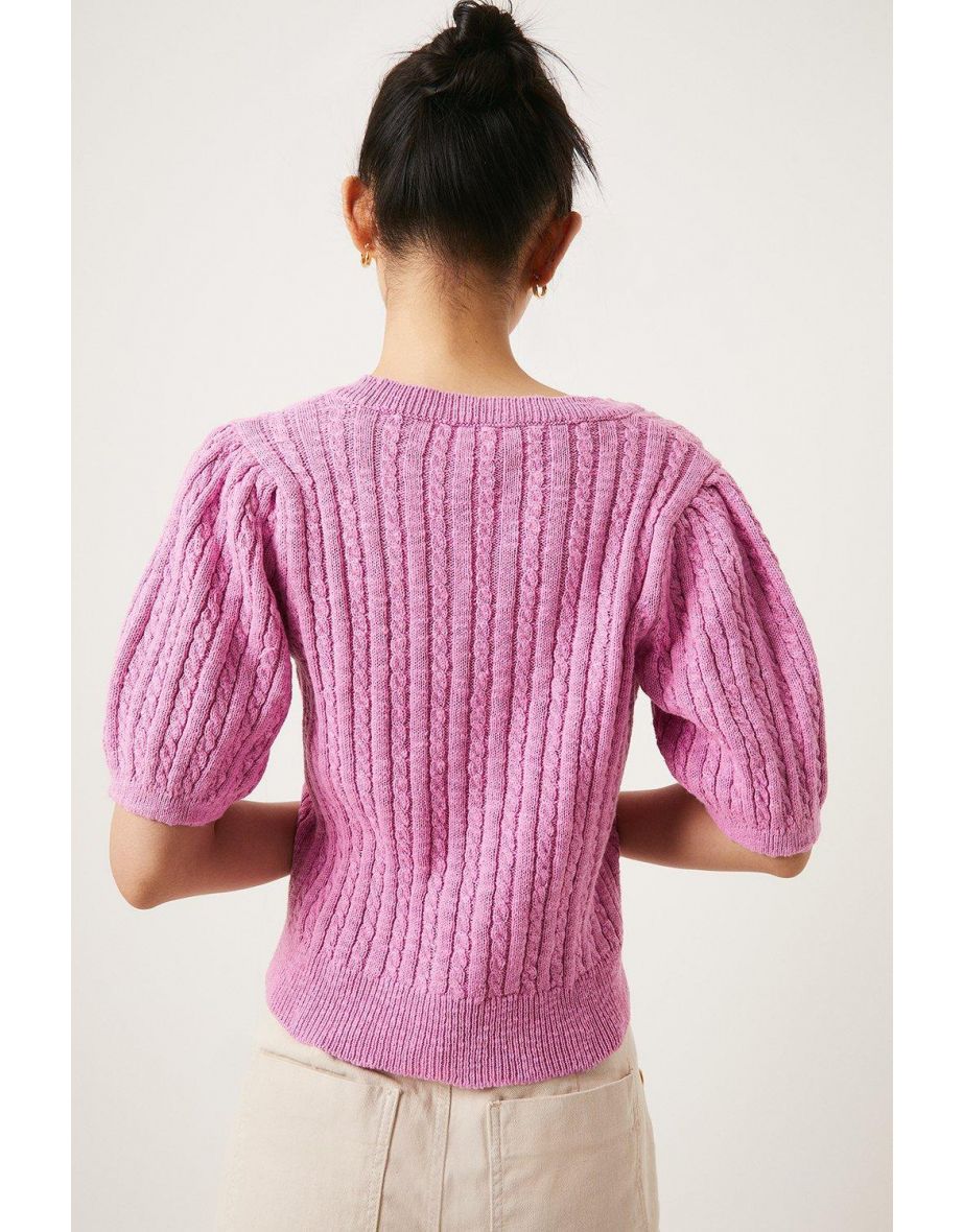 Cable Knit Short Sleeve Cardigan - 2