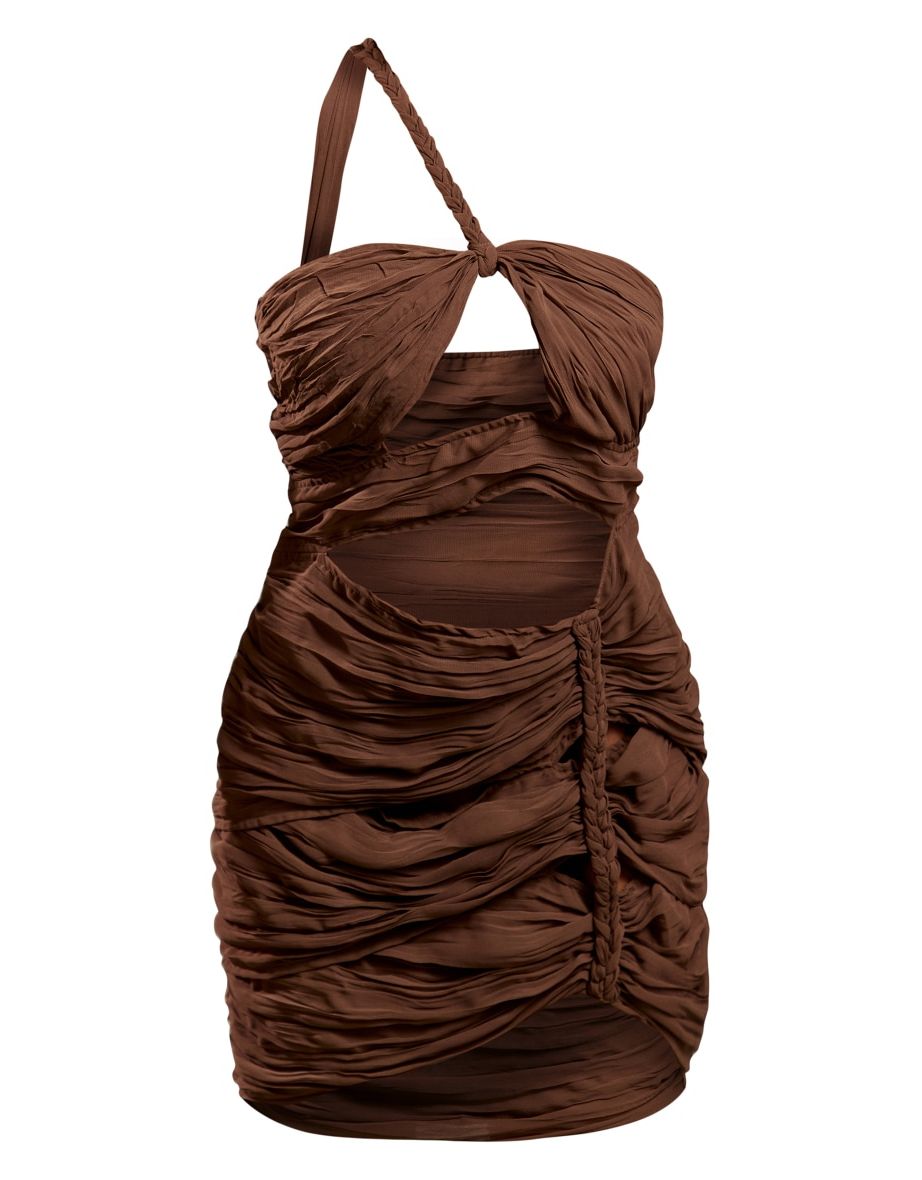 Chocolate Chiffon Cut Out Plait Detail One Shoulder Bodycon Dress - 4