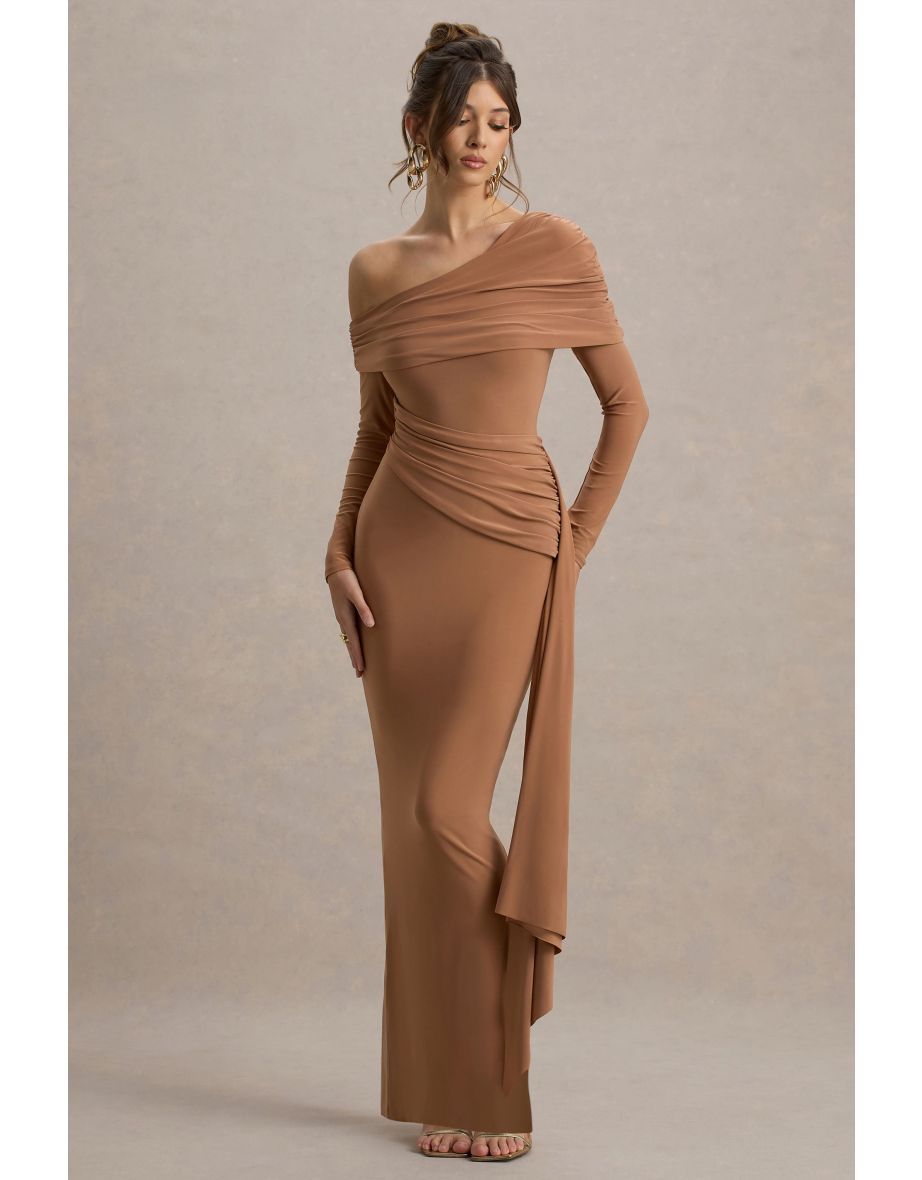 Valina | Brown Ruched Asymmetric Maxi Dress With Drape
