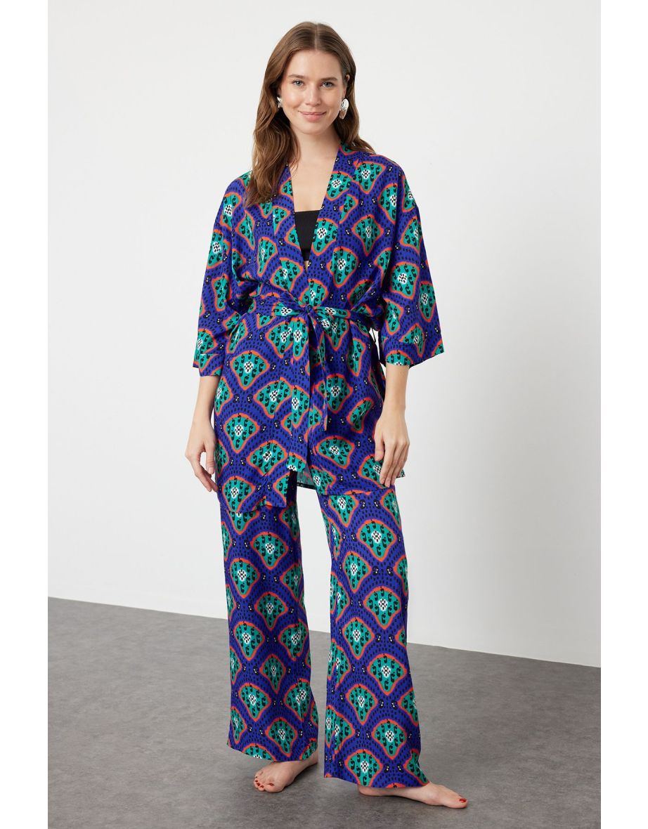Geometric Patterned Belted Woven Kimono Trousers Set