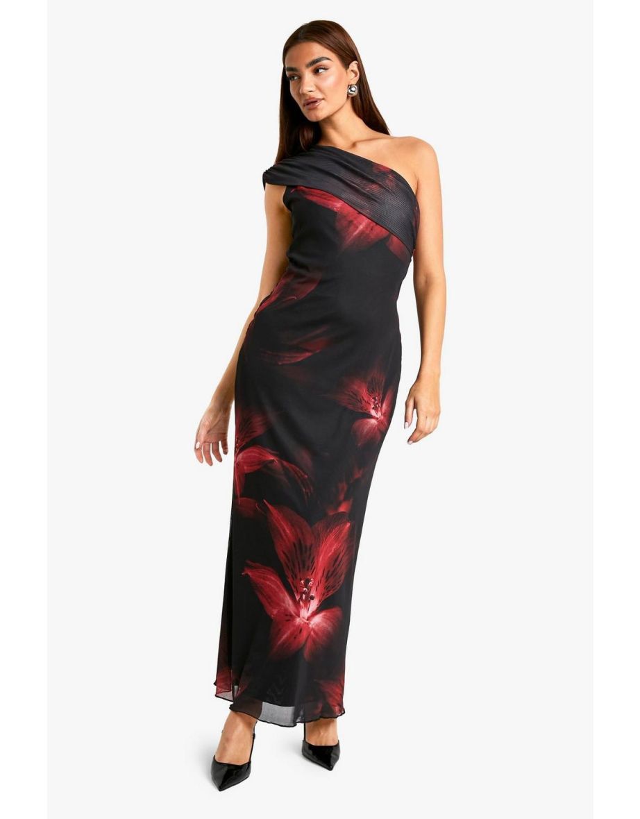 Fold Over One Shoulder Floral Mesh Maxi Dress - black