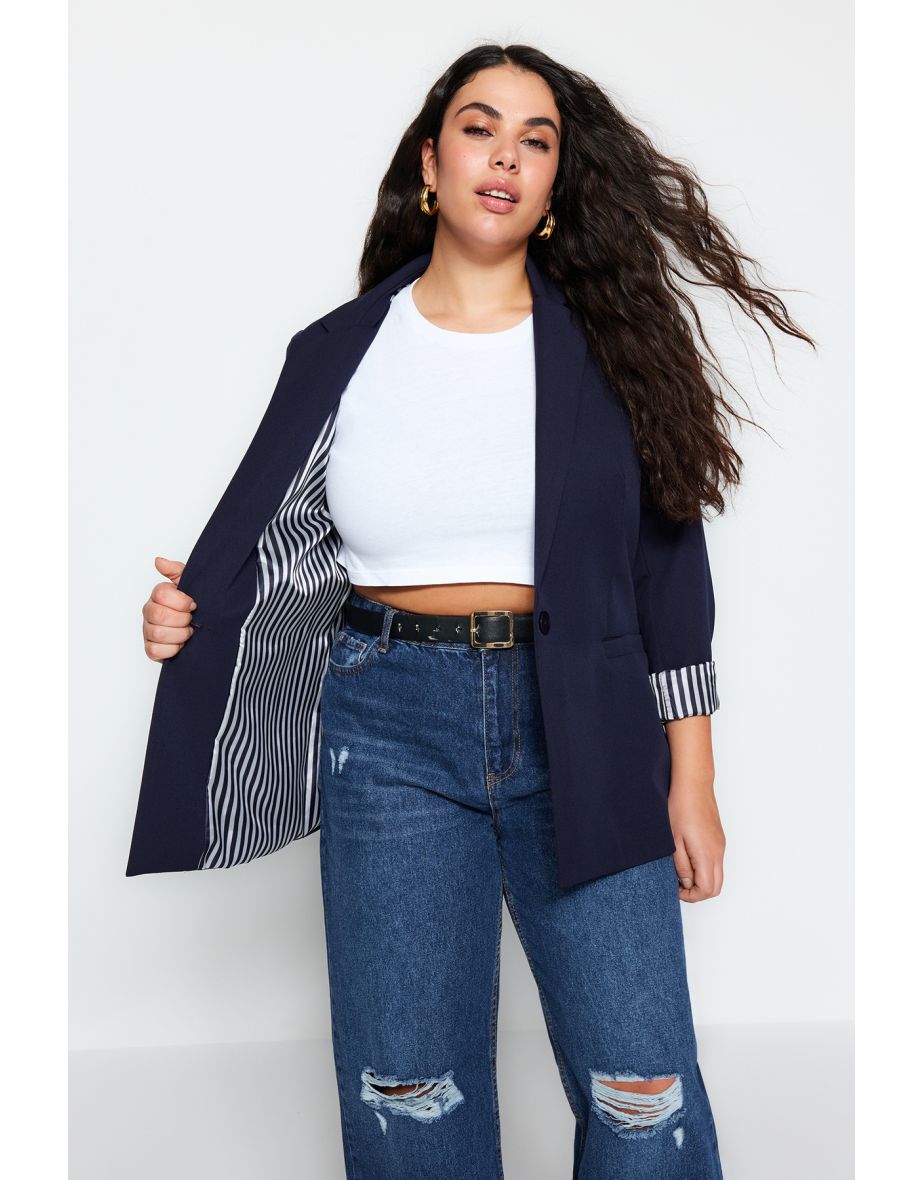 Navy Blue Stripe Lining Detailed Woven Jacket
