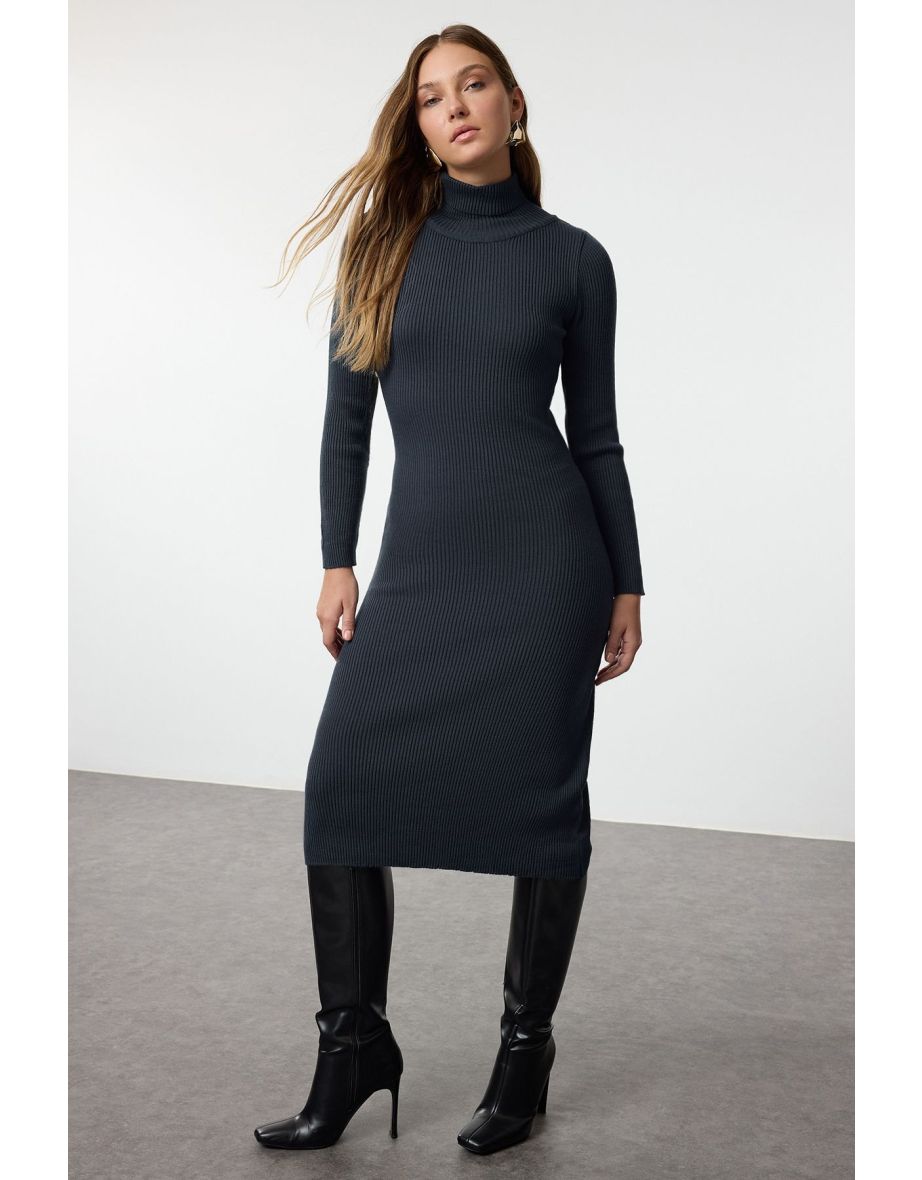 Indigo Midi Knit Basic Turtleneck Dress