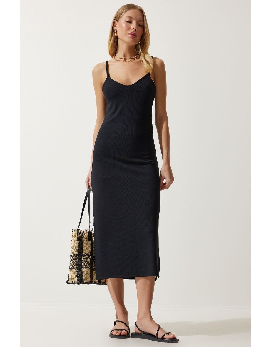Women's Black Strappy Slit Ribbed Knitted Dress