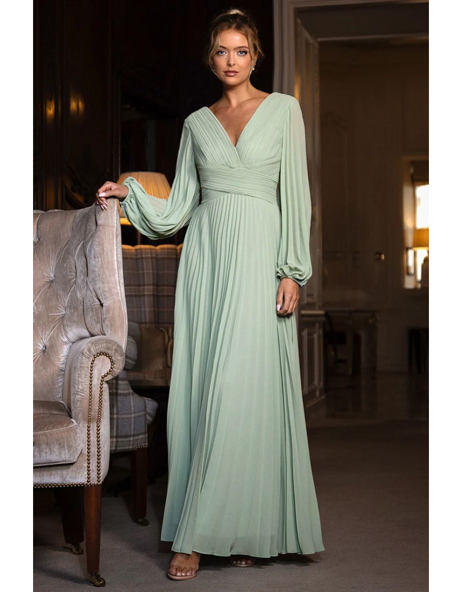 Goddiva Balloon Sleeve Chiffon Maxi Dress  - Sage Green - 4