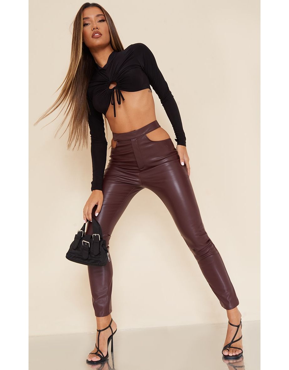 Dark Chocolate Faux Leather Cut Out Detail Skinny Trousers