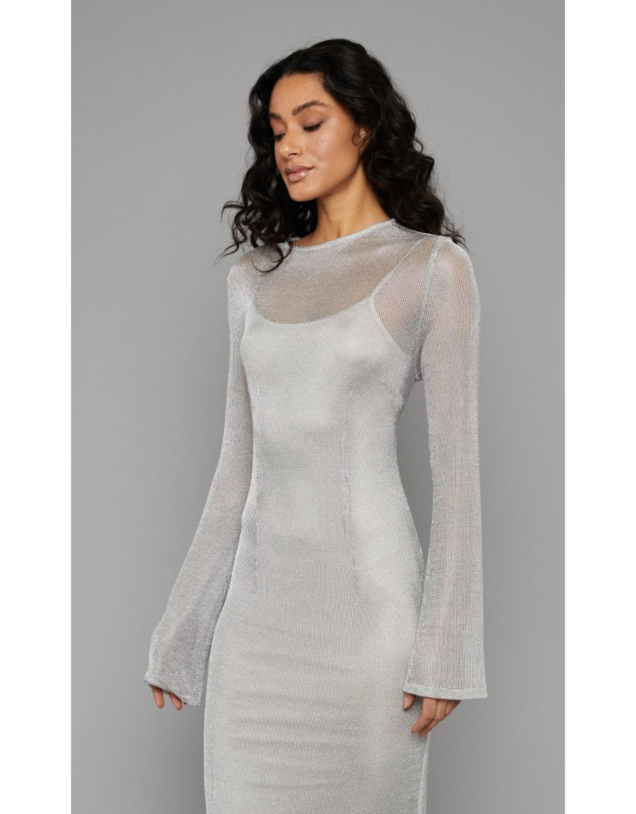 Silver Metallic Fine Knit Maxi Dress - 2