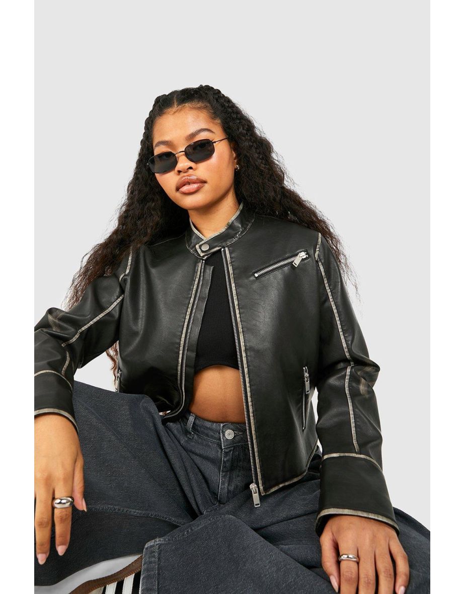 Petite Fitted Moto Vintage Look Faux Leather Jacket - black - 3