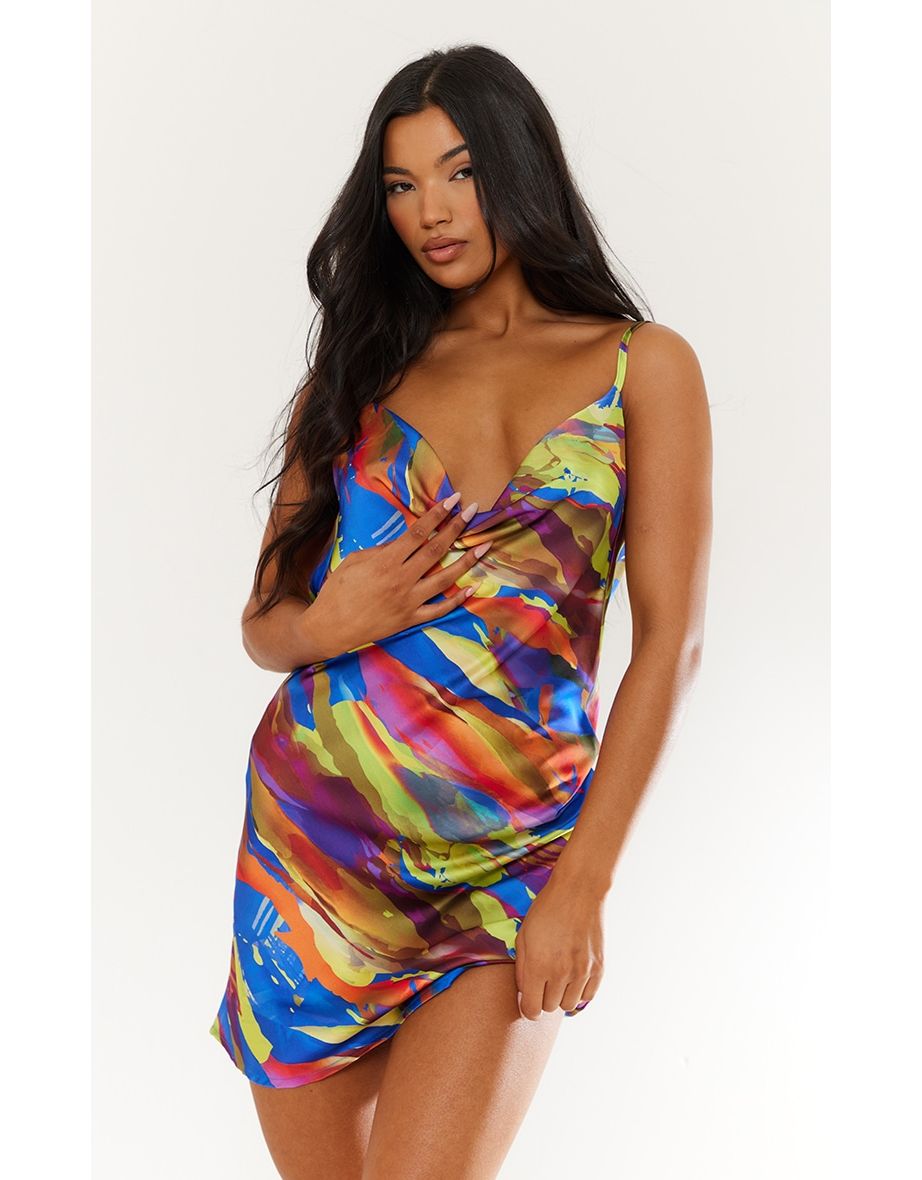 Multi Abstract Print Satin Cowl Swing Dress