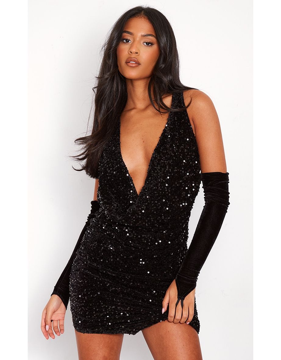 Shop Tall Black Sequin Cowl Neck Ruched Mini Dress Online in Bahrain VogaCloset