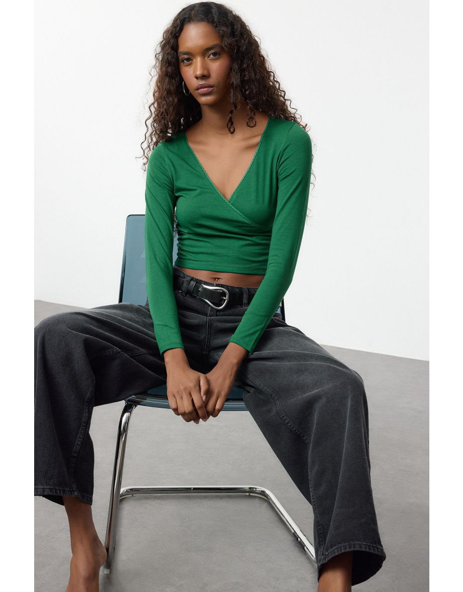 Emerald Green Deep Double Breasted Lace Detailed Long Sleeve Crop Cotton Flexible Knit Blouse - 4