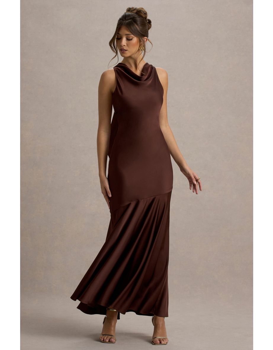 Amelita | Brown Satin Cowl-Neck Fishtail Maxi Dress - 5