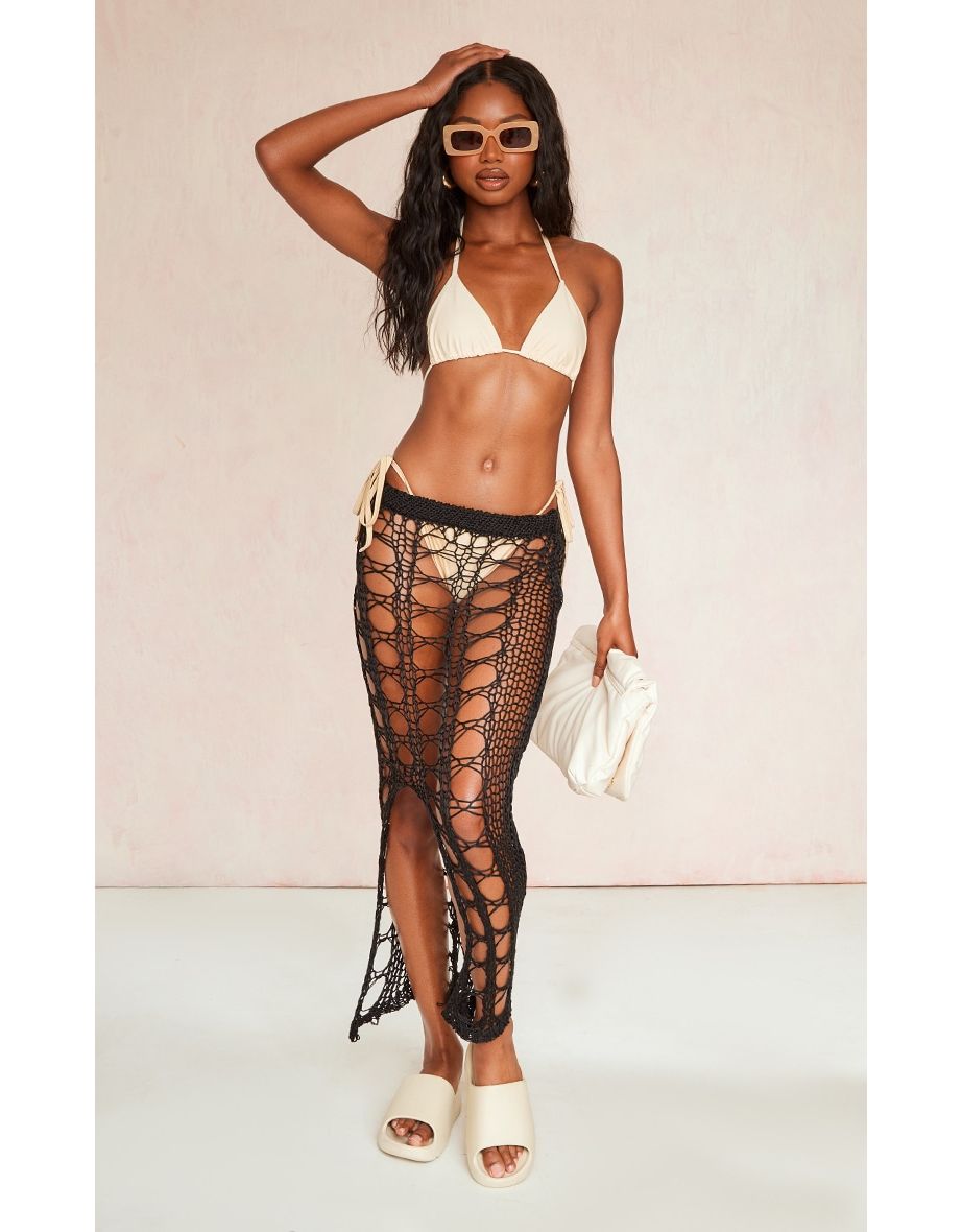 Black Open Knit Crochet Split Maxi Skirt