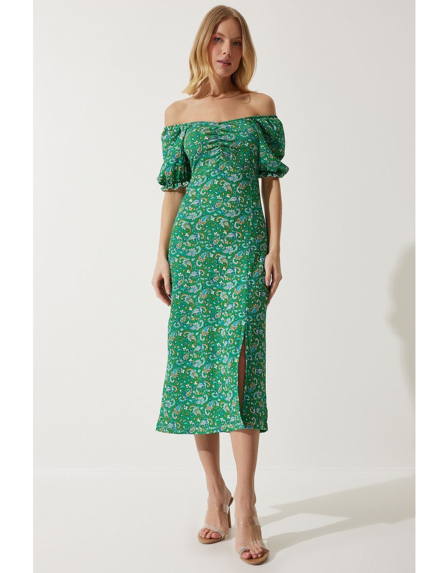 Women's Green Elastic Carmen Collar Summer Viscose Dress