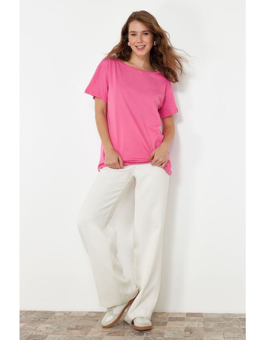 Pink 100% Cotton Boyfriend Boat Neck Knitted T-Shirt