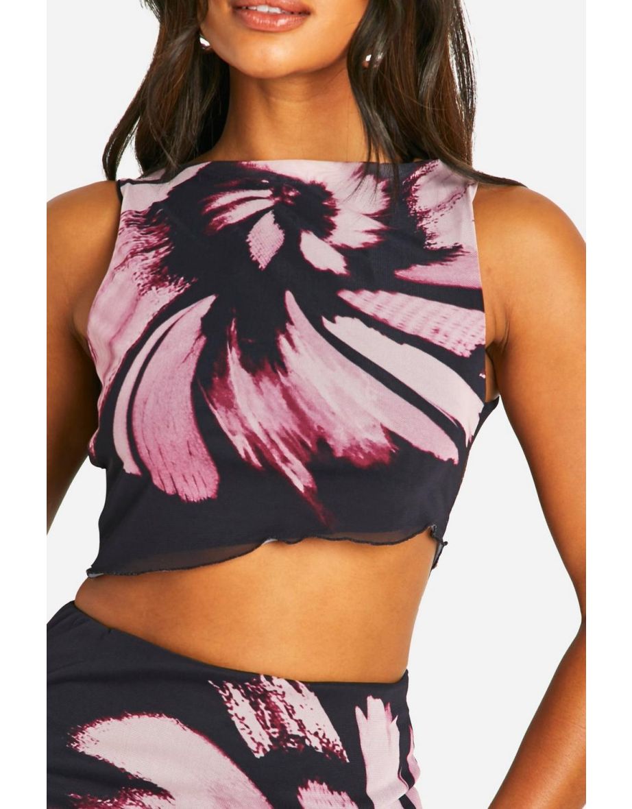 Asymmetric Printed Slash Neck Top - black - 3