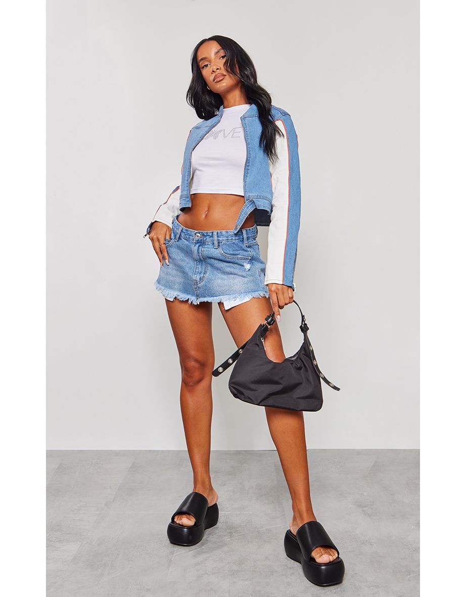 Light Blue Wash Pocket Detail Distressed Hem Ultra Mini Denim Skirt