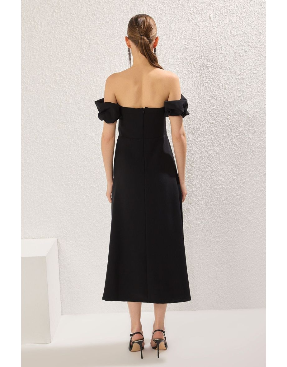 Black Carmen Collar Stone Print Detailed Woven Midi Chic Dress - 3