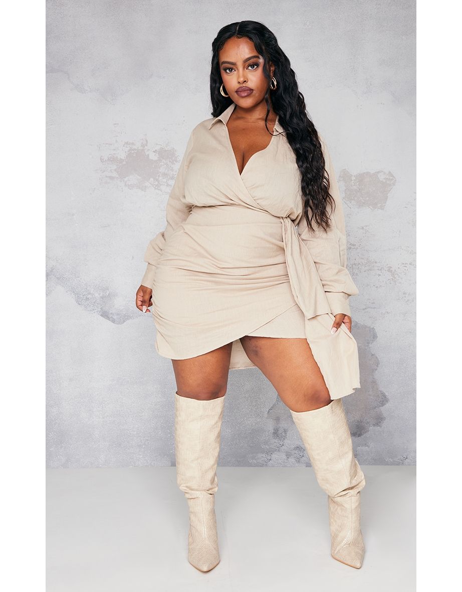 Plus Stone Drape Front Wrap Shirt Dress