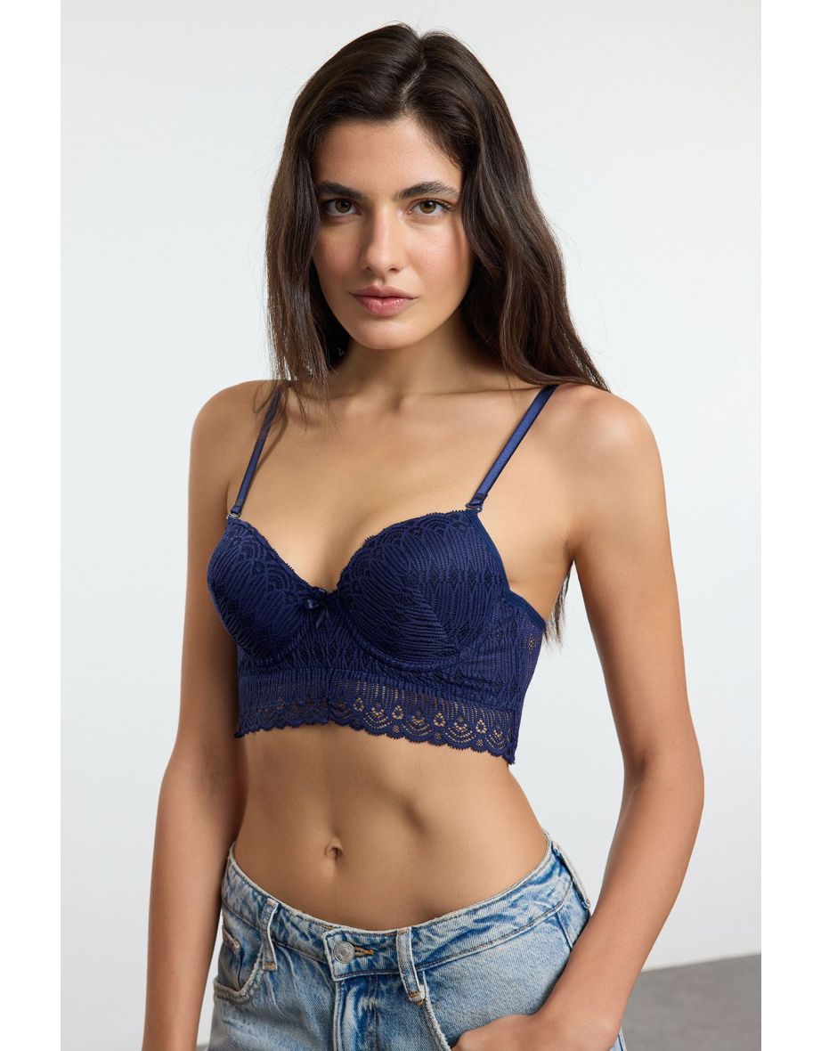 Navy Blue Single Lace Underwire Openwork Push Up Bustier Bra