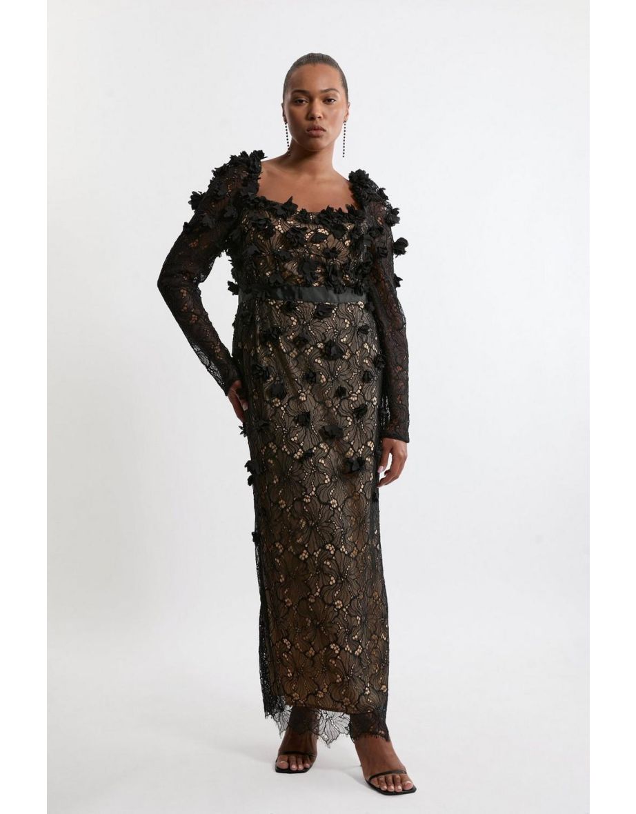Plus Size Lace Petal Applique Woven Midi Dress