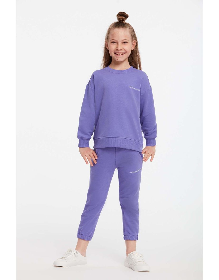 Jabor Girl's Embroidered Crew Neck Comfort Purple Tracksuit Set