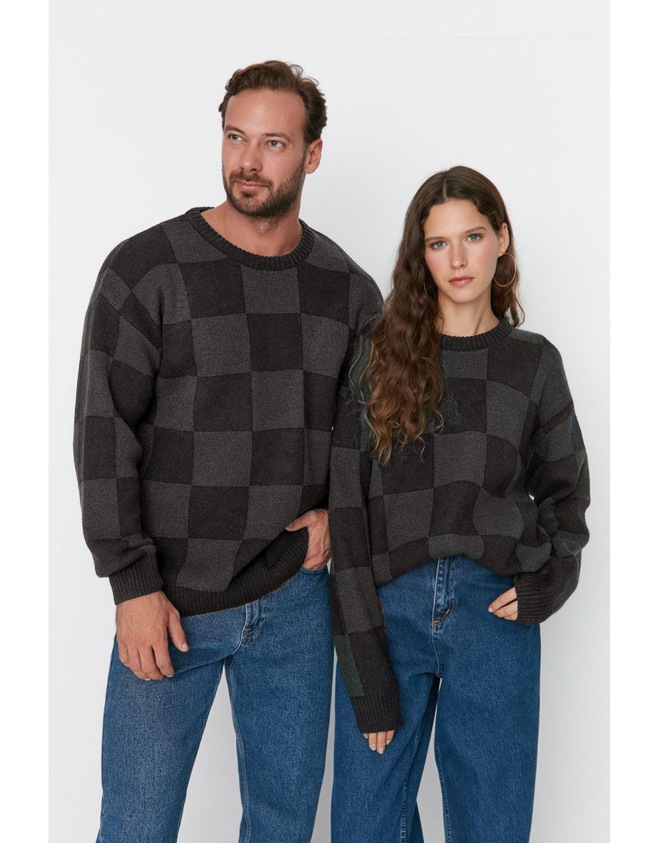 Black  Oversize Wide Pattern Crew Neck Plaid Knitwear Sweater