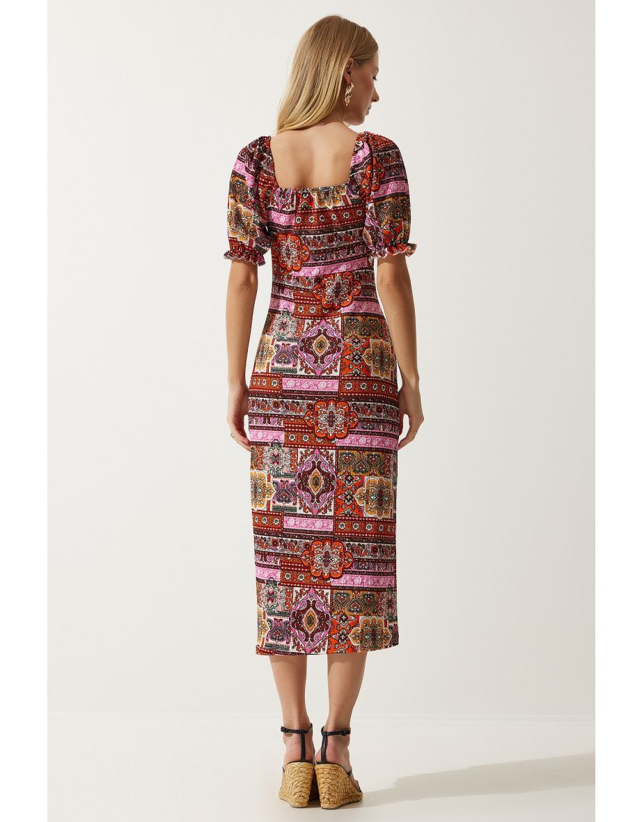 Women Tile Elastic Carmen Collar Summer Viscose Dress - 5