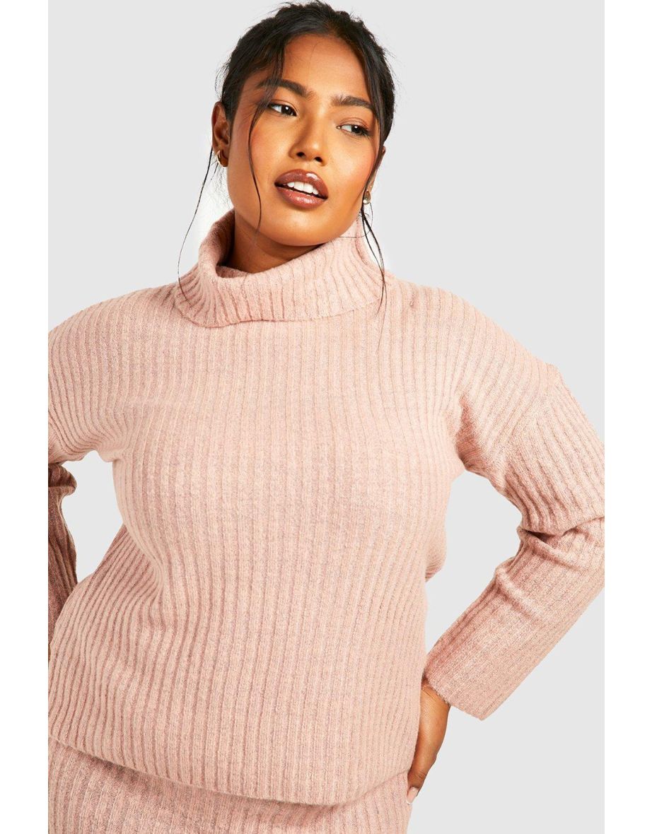 Plus Knitted Midi Skirt And Roll Neck Co-ord - dusty pink - 3
