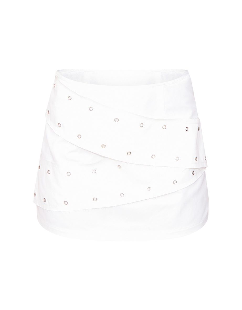 White Eyelet Detail Twill Layered Micro Mini Skirt - 5
