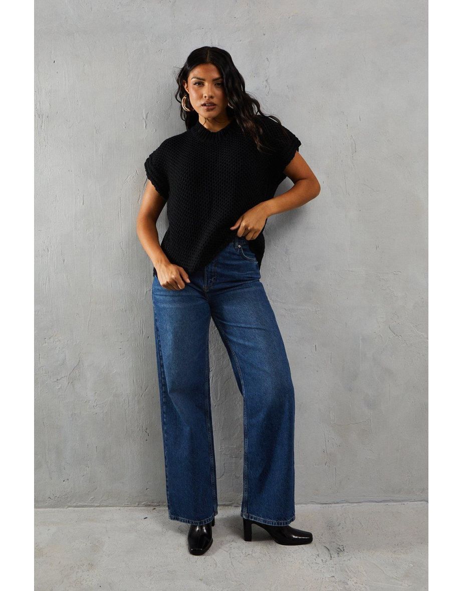 Knitted Cap Sleeve Dipped Hem Jumper
