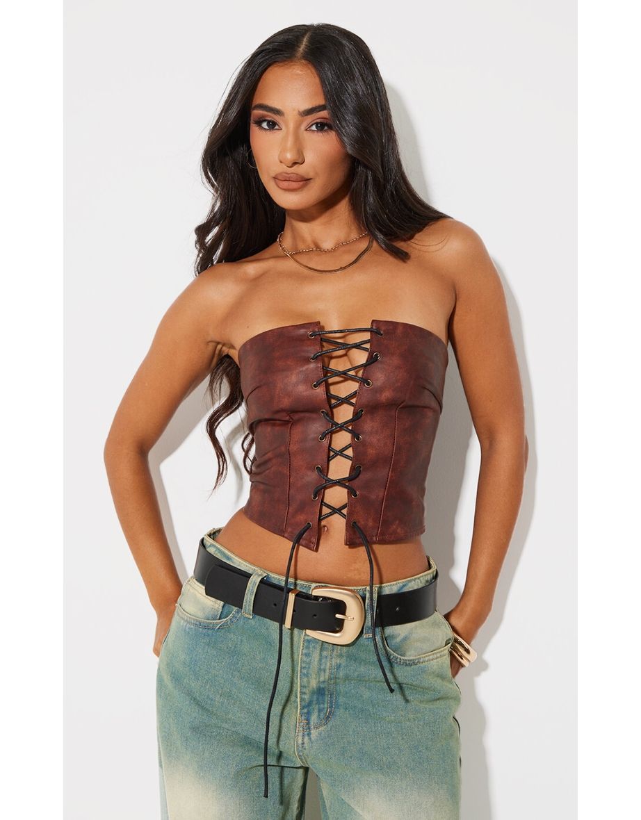 Petite Washed Brown Faux Leather Bandeau Lace Up Corset Top