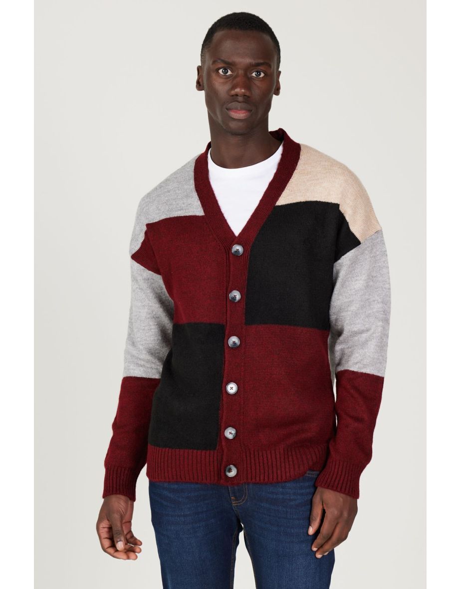 Men's Burgundy-gray Standard Fit Regular Cut V-neck Ruffled Soft Textured Knitwear Cardigan