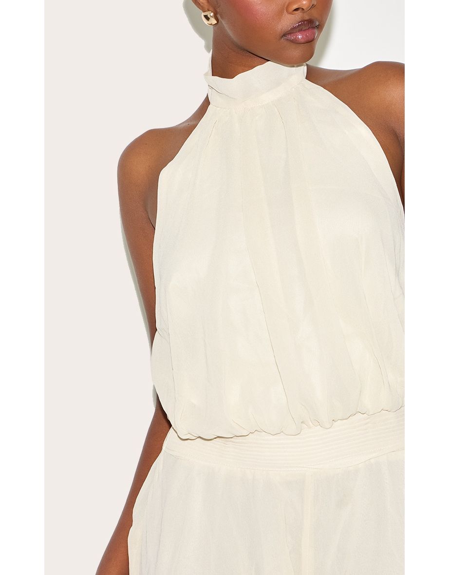 Cream Chiffon High Neck Drop Waist Playsuit - 3