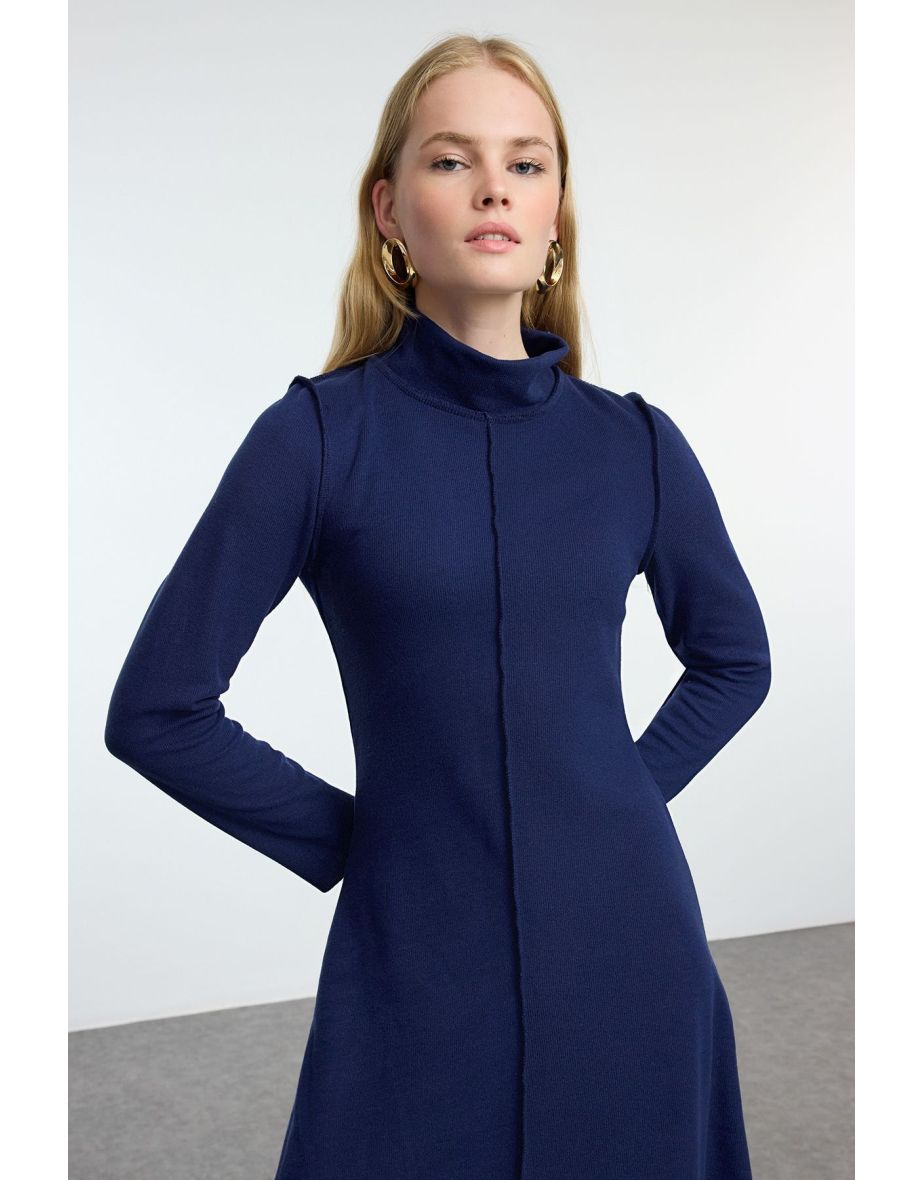 Navy Blue Square Stitched A-Line/A-Line Formal Selanik/Knitwear Look Midi Knitted Dress - 4