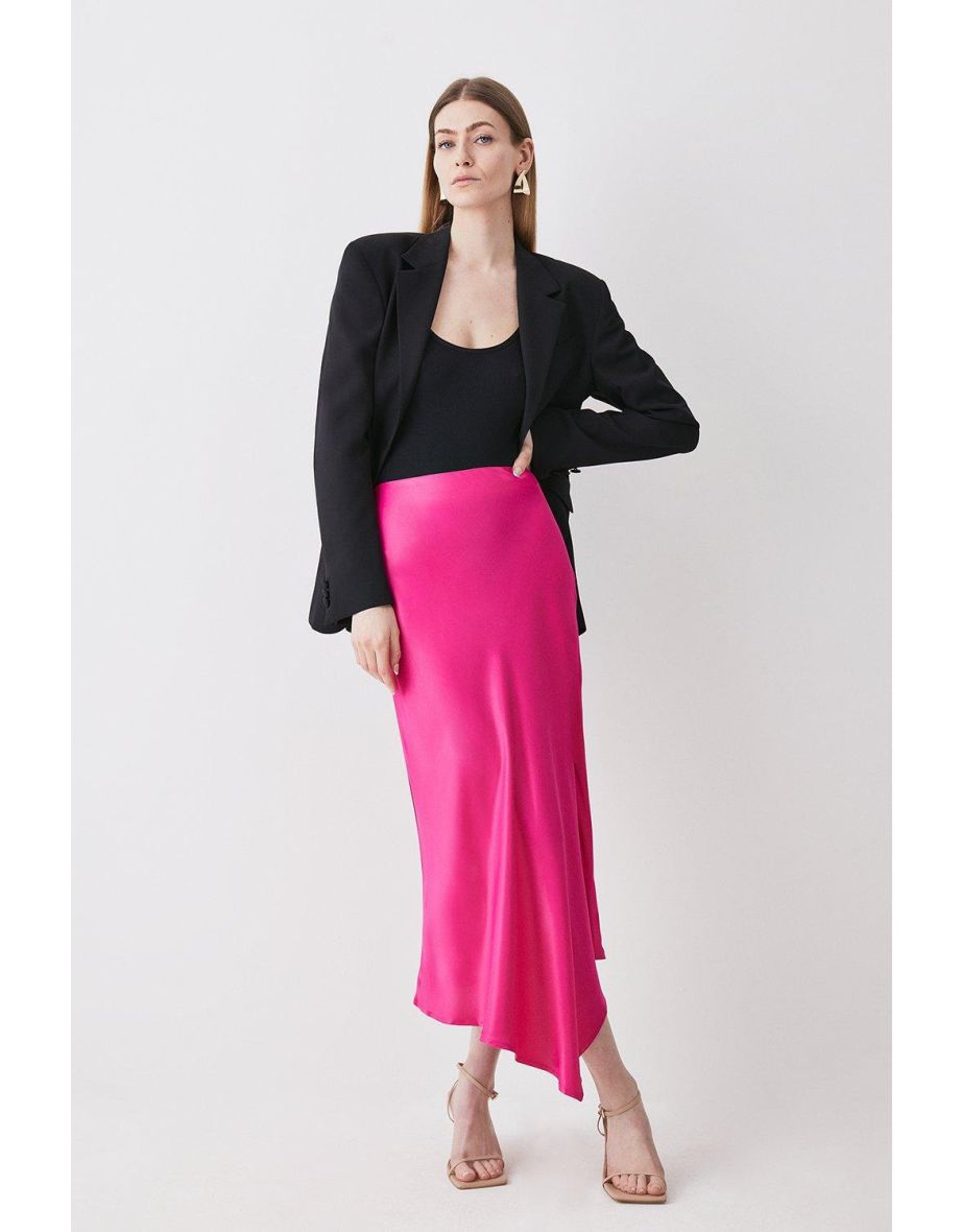 Satin Asymmetric Slip Midi Skirt