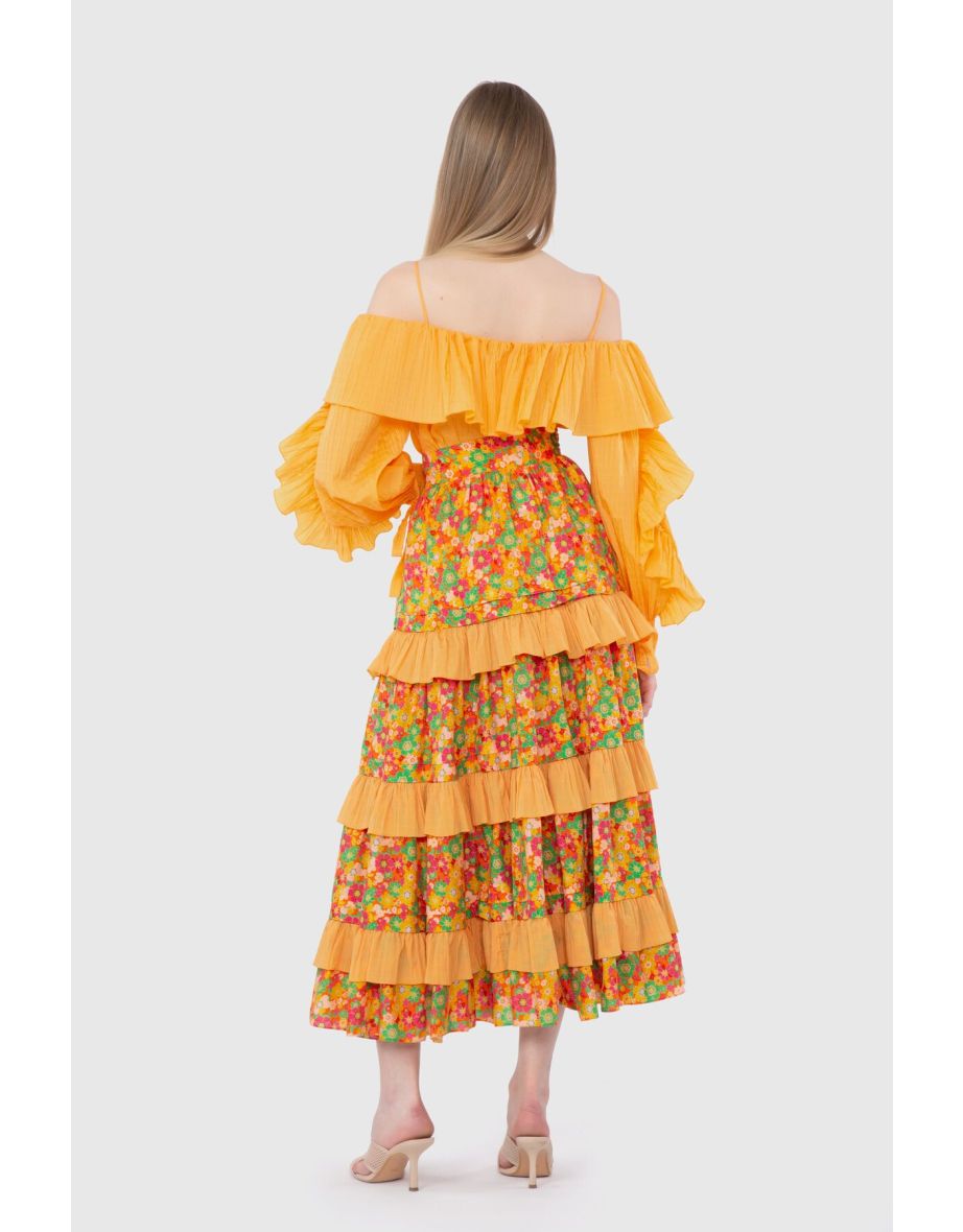 High Waist Crispy Patterned Contrast Fabric Long Orange Skirt - 2
