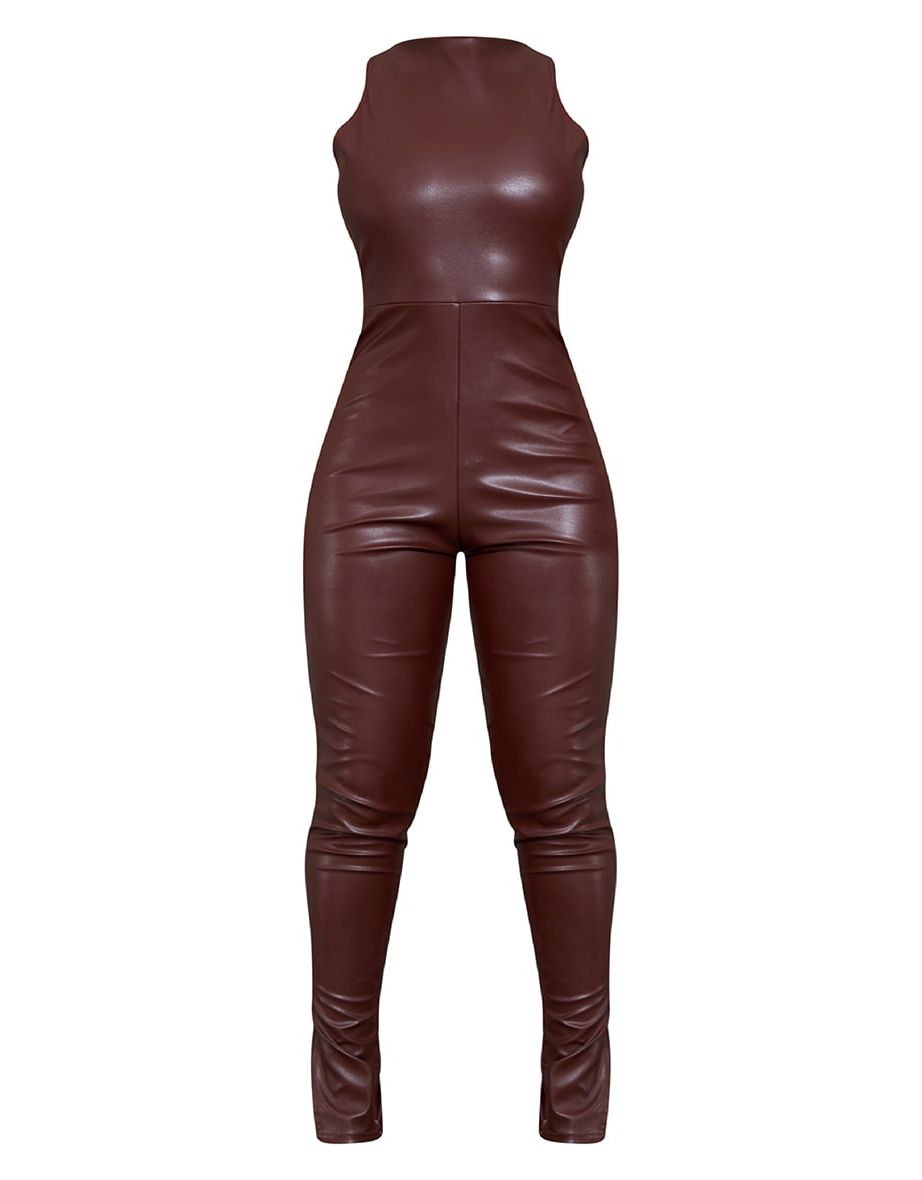 Chocolate PU Racer Neck Split Hem Jumpsuit - 4