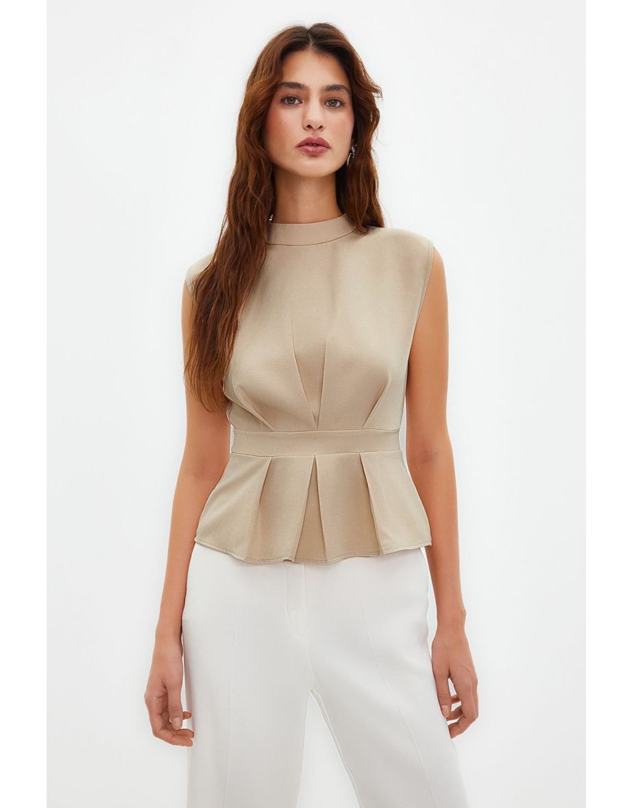 Beige Woven Crew Neck Sleeveless Blouse