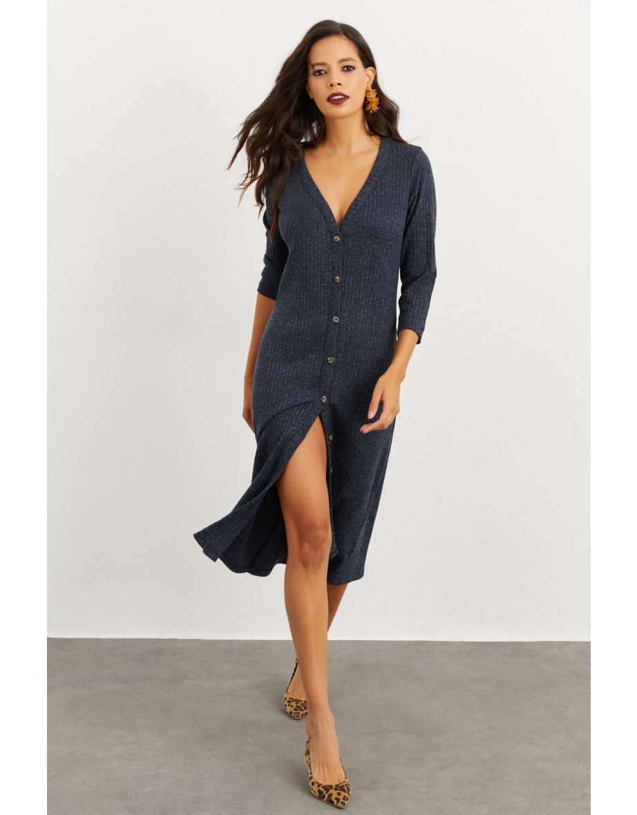 Navy Column Midi Jumper Dress with Long Sleeve